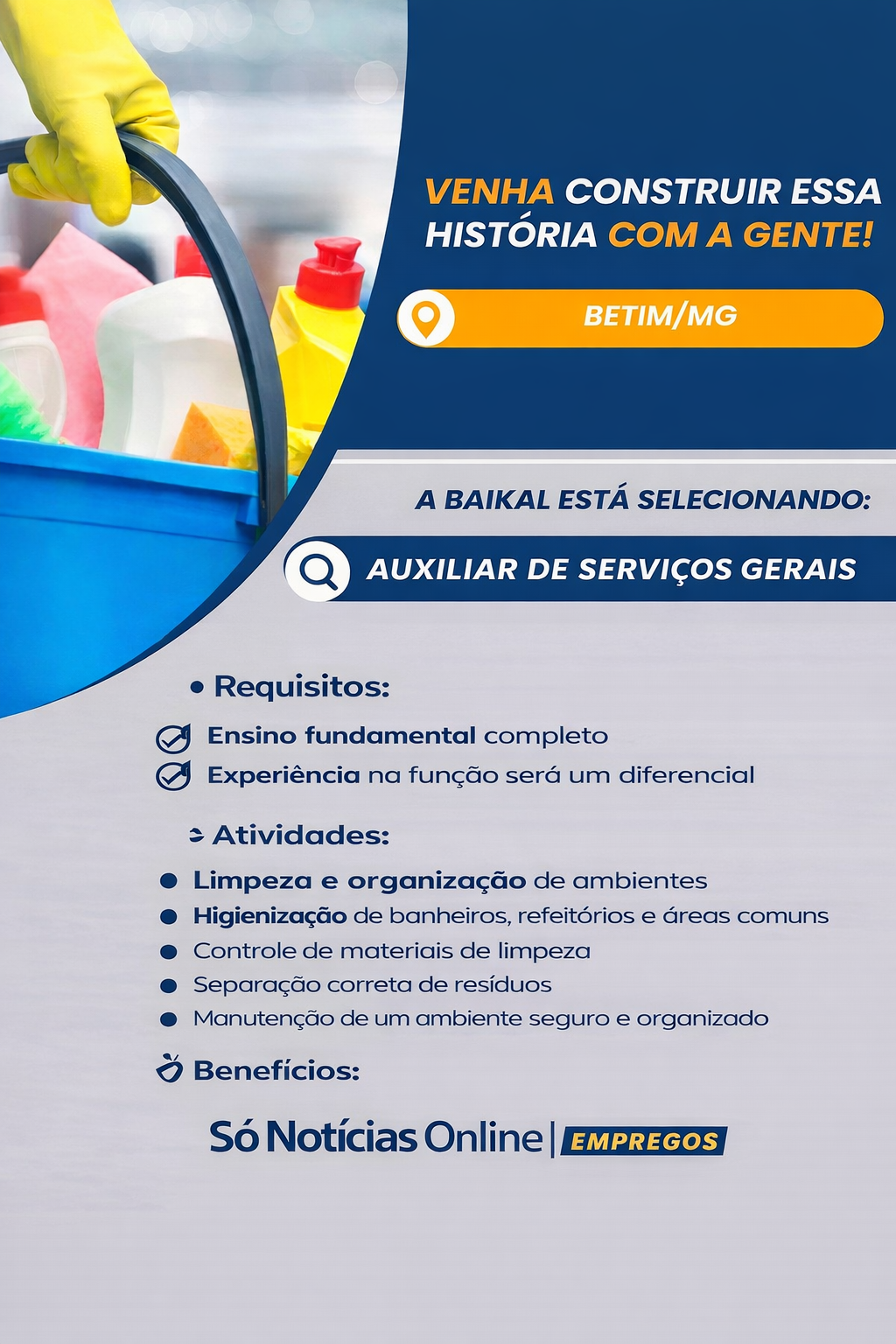 Baikal Construções abre vagas para Auxiliar de Serviços Gerais em Betim