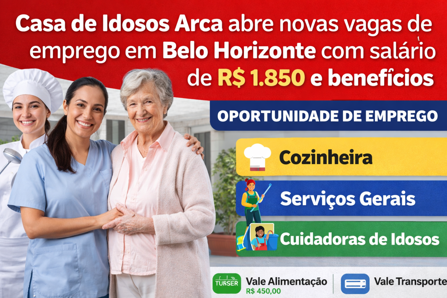 Casa de Idosos Arca abre vagas de emprego em Belo Horizonte com salário de R$ 1.850 e benefícios