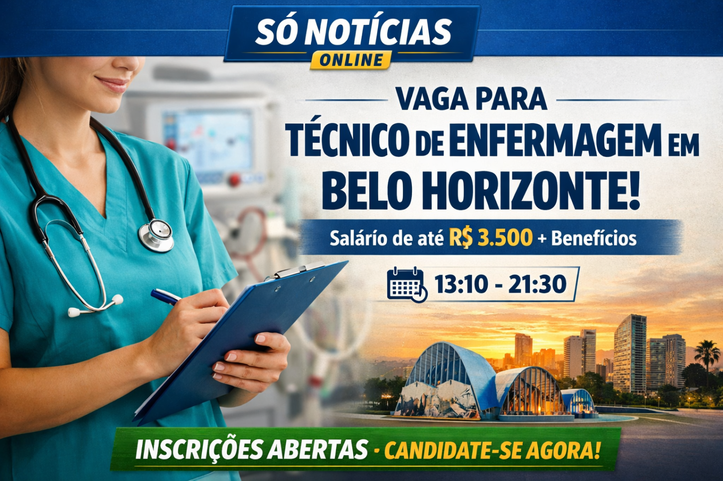 Randstad abre vaga temporária para Técnico de Enfermagem em Belo Horizonte; salário pode chegar a R$ 3.500