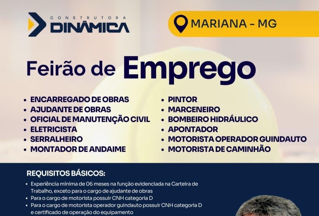 Feirão de Emprego em Mariana: Construtora Dinâmica abre vagas para diversas funções