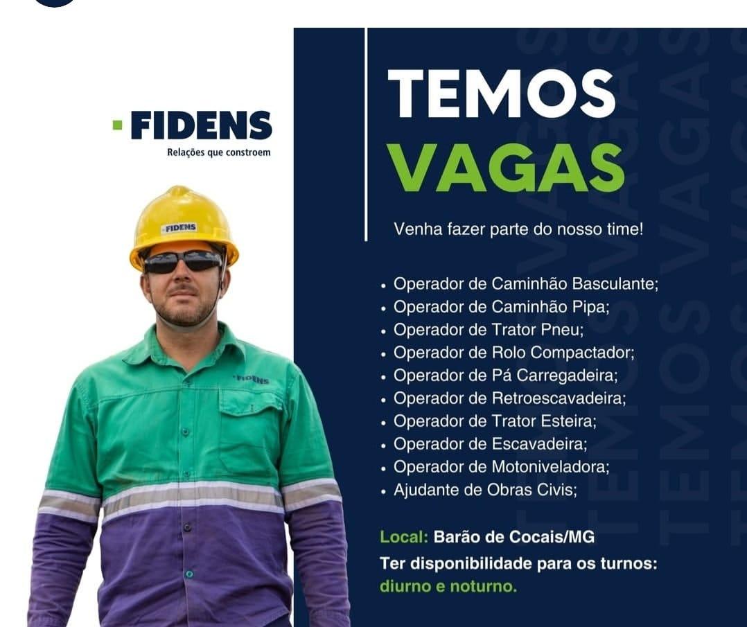 FIDENS abre vagas para operadores e ajudante de obras em Barão de Cocais