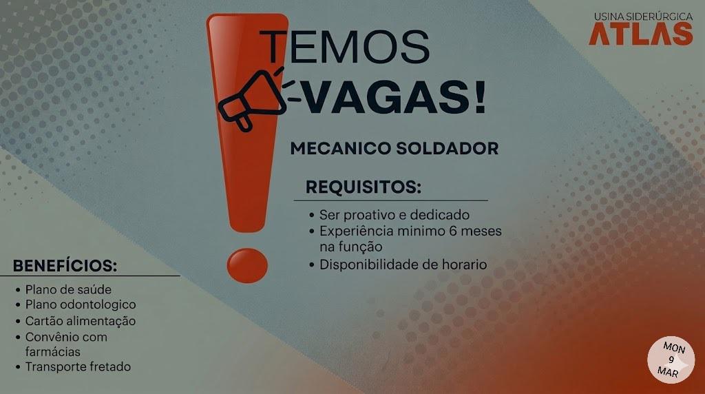 Itabira - Usina Siderúrgica Atlas abre vaga para Mecânico Soldador com pacote completo de benefícios