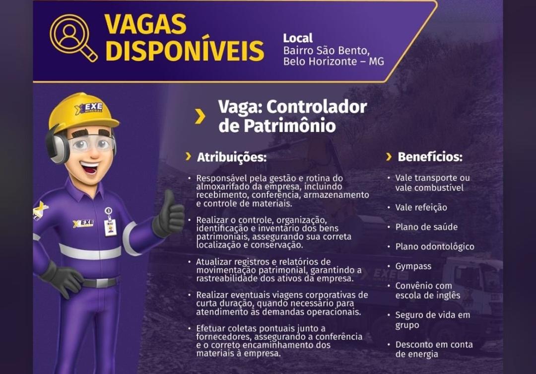 Oportunidade em BH: Grupo EXE abre vaga para Controlador de Patrimônio com pacote robusto de benefícios