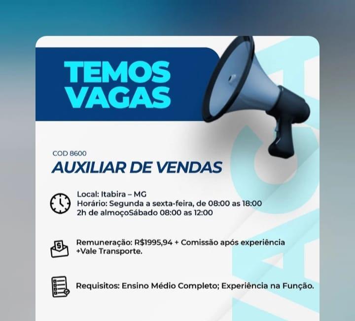 Vaga de emprego em Itabira: Humana oferece cargo de Auxiliar de Vendas