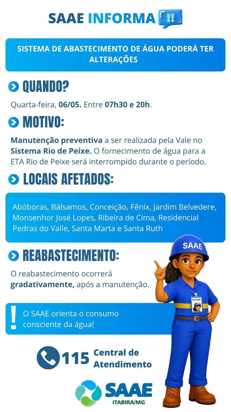 Falta d'água em Itabira nesta quarta: veja quais bairros serão afetados e por quanto tempo