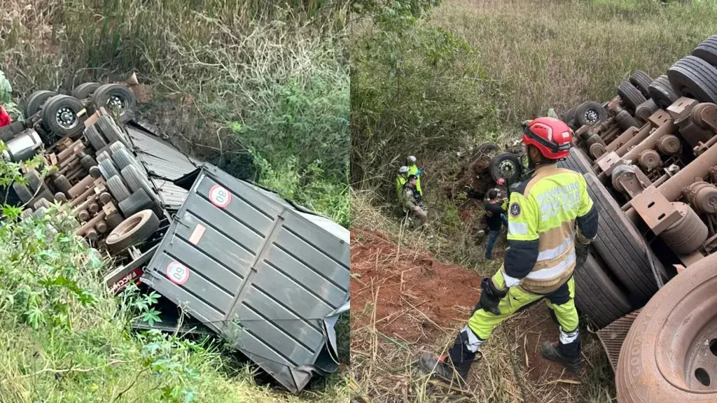 Motorista morre após carreta cair de ponte de 35 metros na BR-040 em Santos Dumont