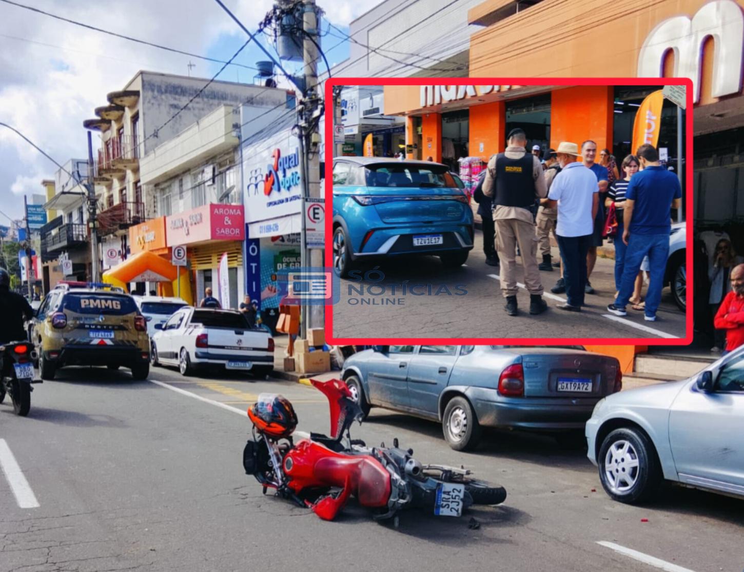 Acidente entre moto e dois carros complica trânsito no Centro de Itabira neste sábado