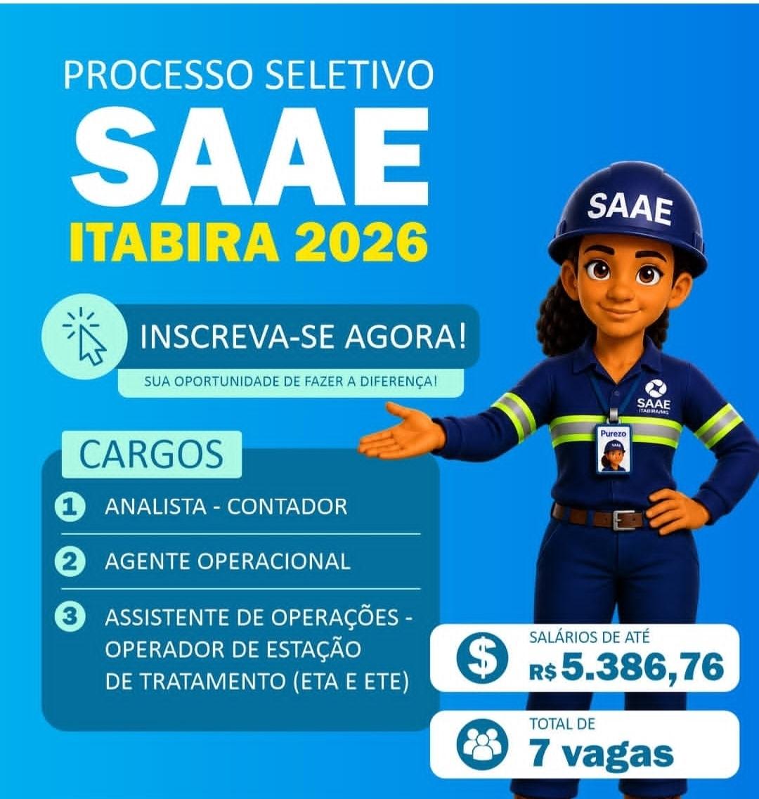 Analista contador, agente operacional e operador de ETA estão entre as 7 vagas do processo seletivo do SAAE Itabira 2026. Saiba como se candidatar
