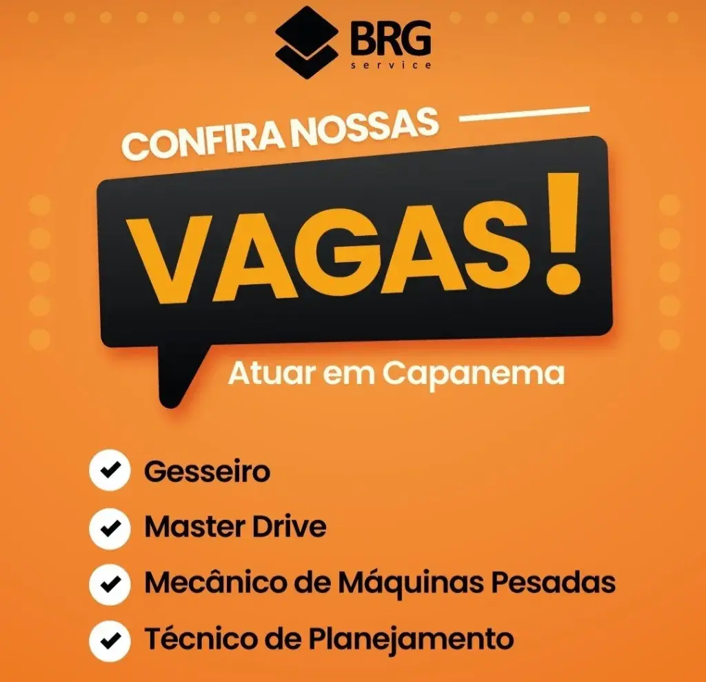 BRG Service abre vagas para atuar em Capanema; candidaturas em Itabirito