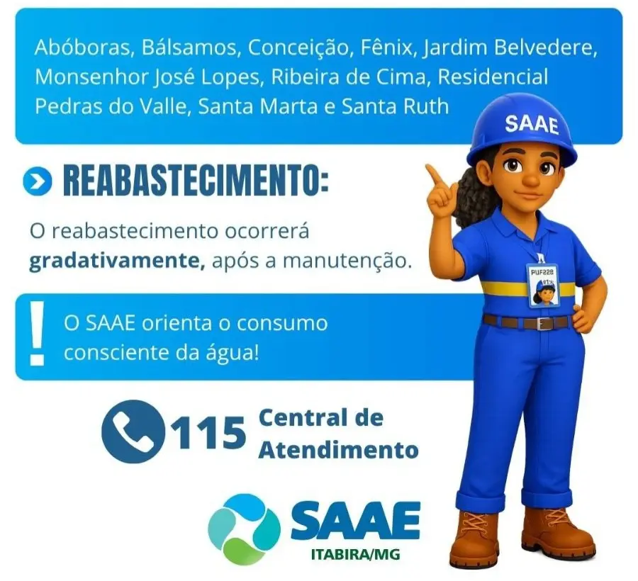 SAAE alerta para possível interrupção no abastecimento de água em Itabira nesta quarta