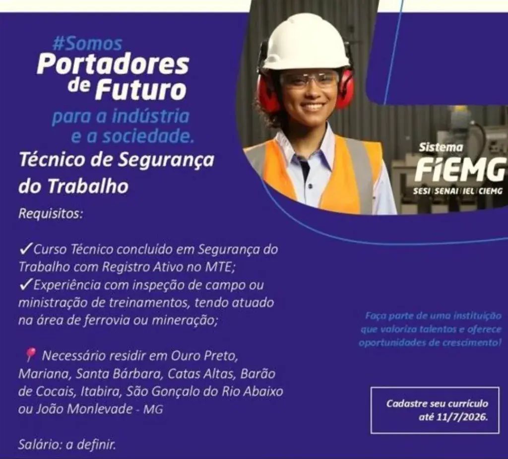Sistema FIEMG abre vaga de emprego para Técnico de Segurança do Trabalho em Itabira e outras cidades da região