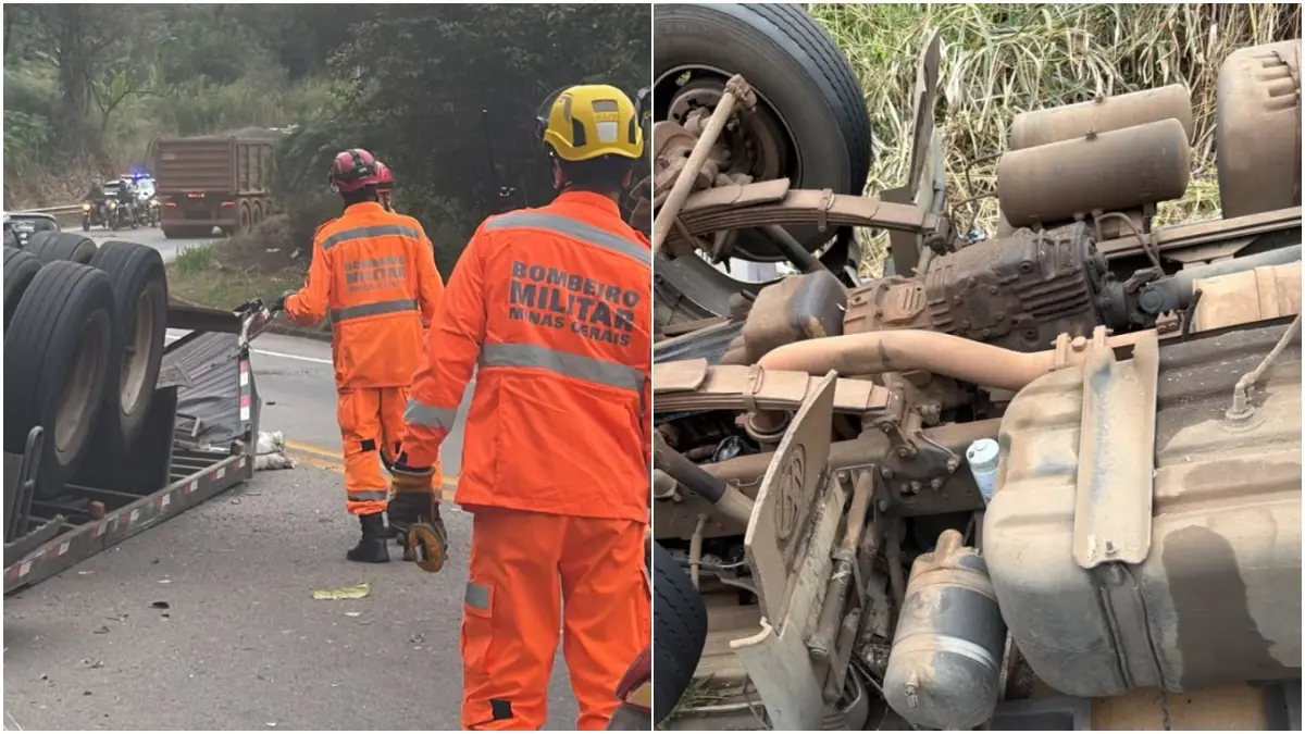 Caminhão tomba no encontro de rodovias em Mariana e deixa dois mortos sem identificação