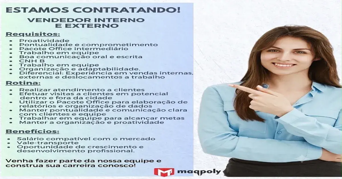 Maqpoly abre vaga de Vendedor Interno e Externo em João Monlevade
