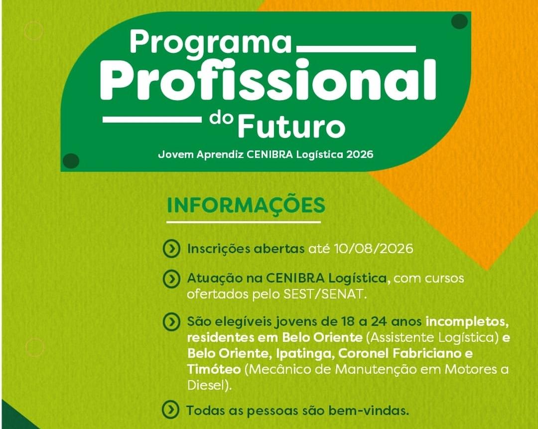 Cenibra abre inscrições para Jovem Aprendiz com vagas de logística e mecânica