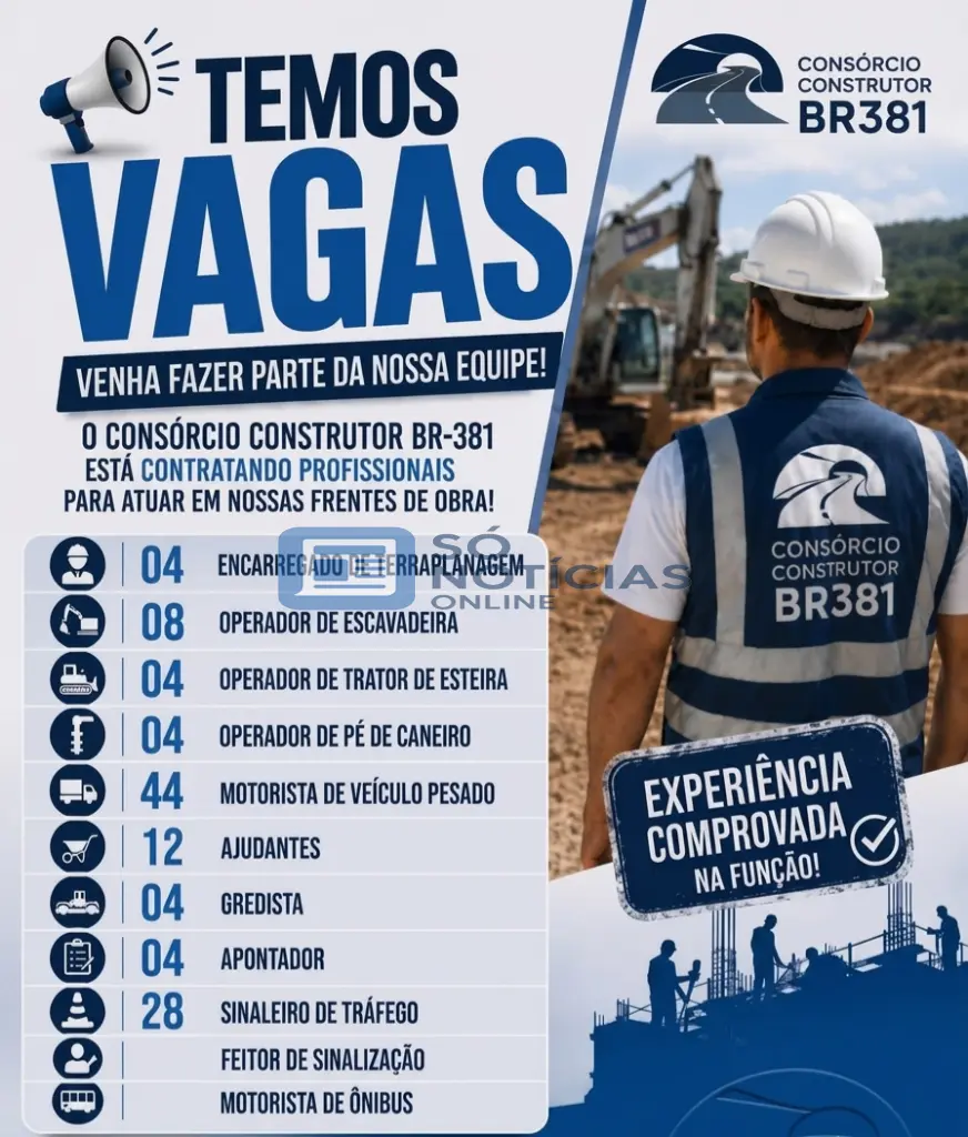 NESTA SEXTA-FEIRA - Consórcio BR-381 abre mais de 120 vagas de emprego, com 44 para motorista de veículo pesado