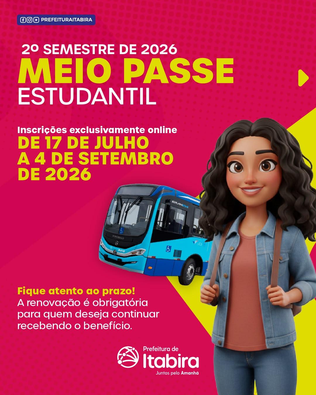 Itabira abre inscrições do Meio Passe Estudantil para o segundo semestre a partir de 17 de julho