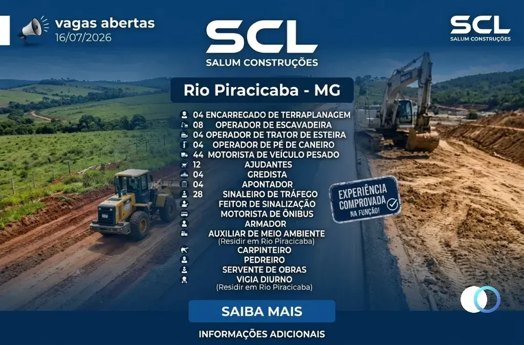 Salum Construções abre vagas para 13 funções diferentes em Rio Piracicaba