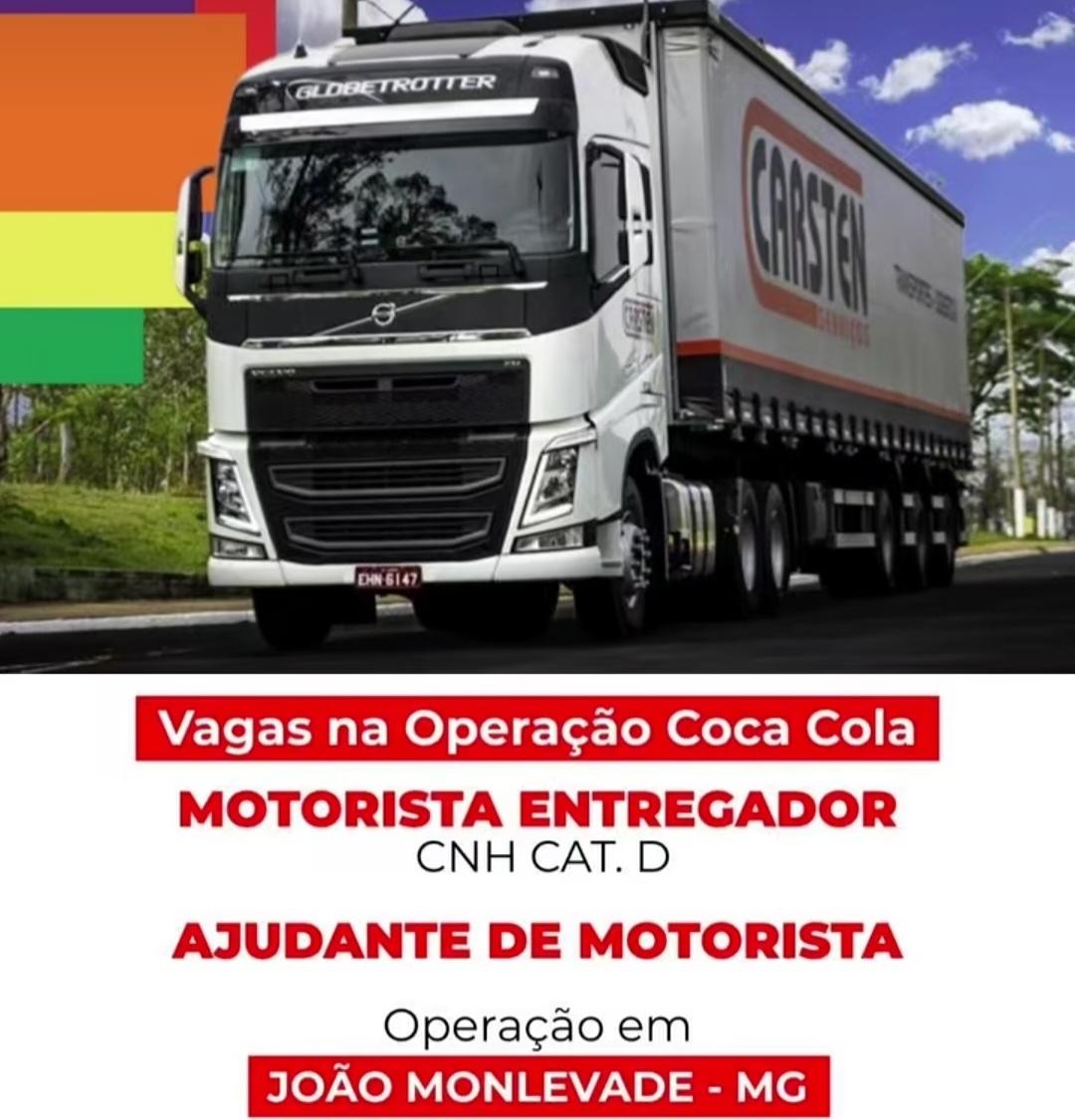 Vagas abertas para motorista entregador e ajudante na Operação Coca-Cola em João Monlevade