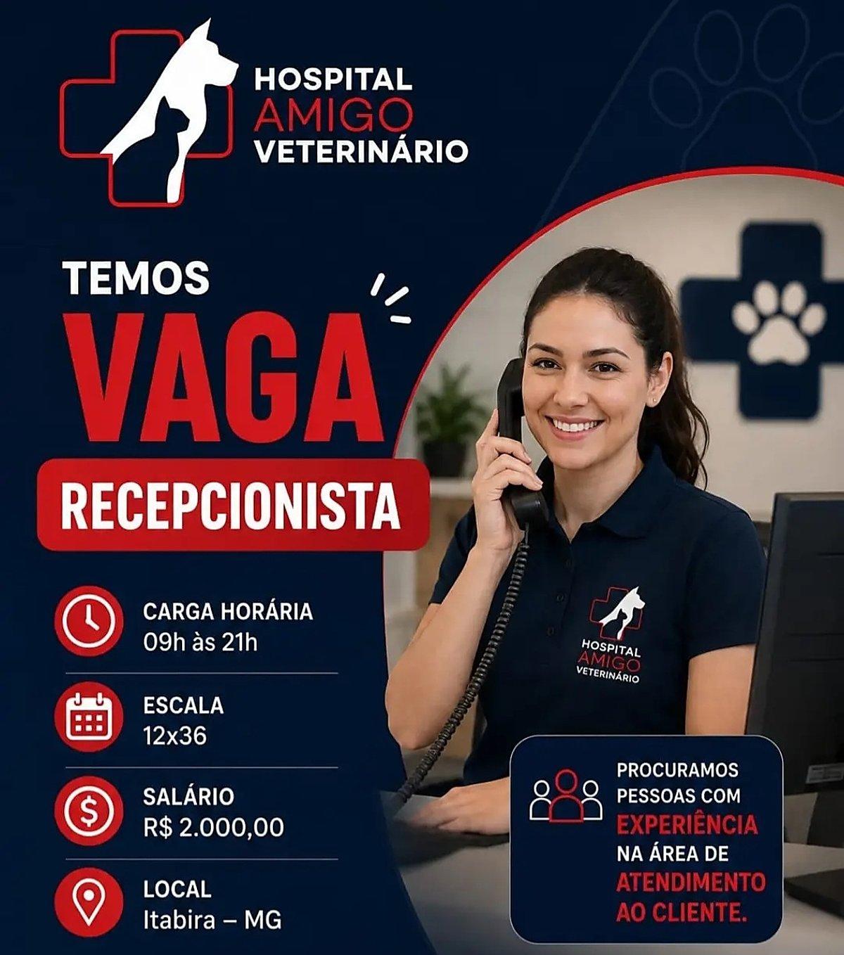 Hospital veterinário de Itabira contrata recepcionista com salário de R$ 2 mil