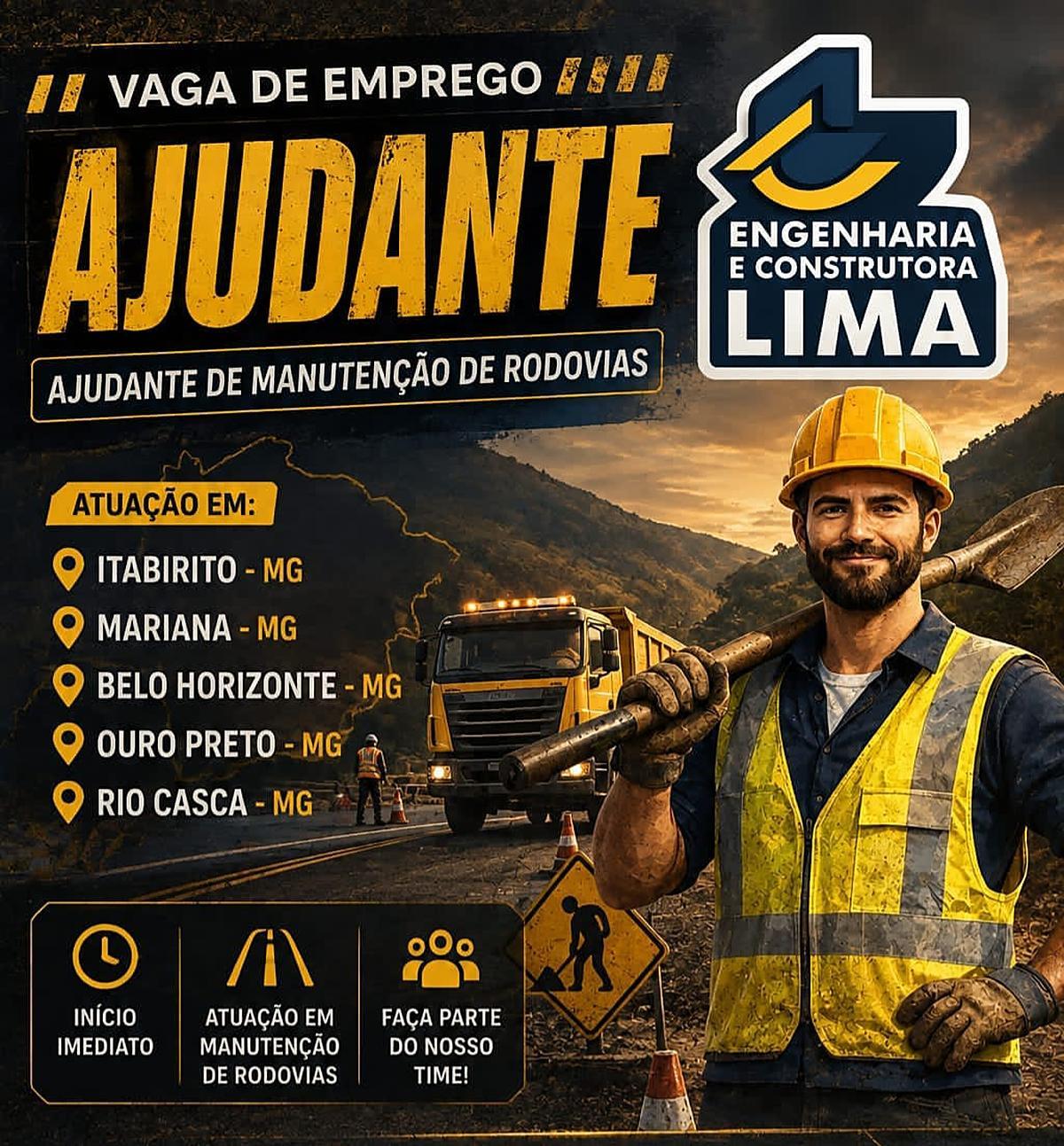 Construtora abre vaga de ajudante para manutenção de rodovias em cinco cidades de MG
