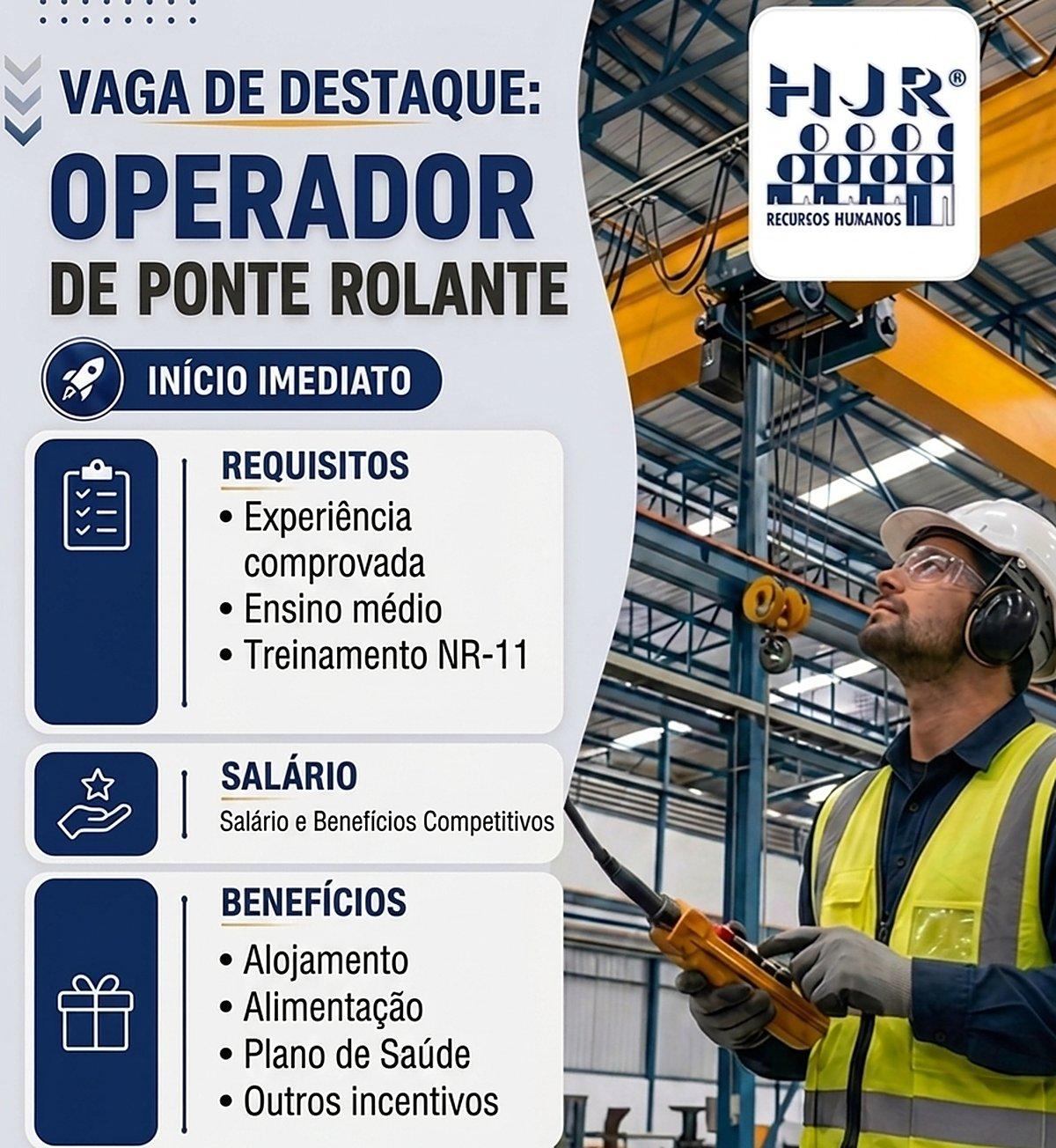 Vaga de operador de ponte rolante paga R$ 3.376 e é para início imediato em Mariana