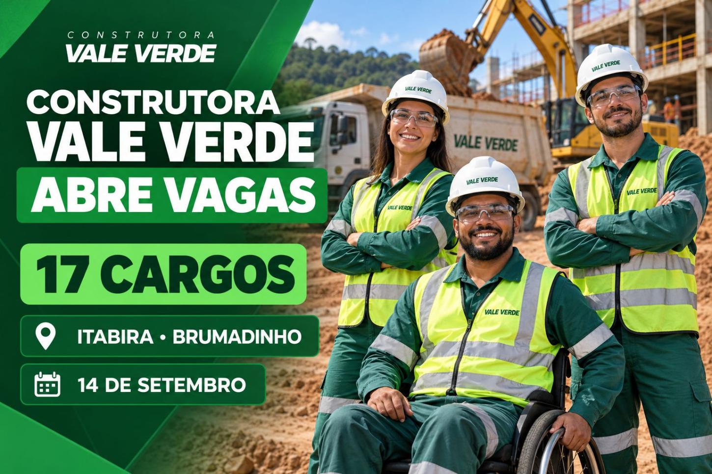 Construtora Vale Verde anuncia 17 cargos nesta segunda (14) de setembro 