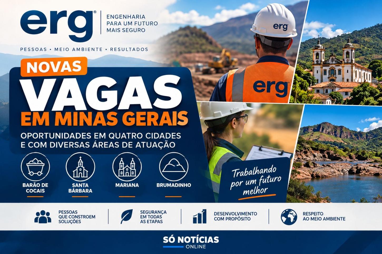 ERG Engenharia abre vagas de emprego em quatro cidades de Minas Gerais