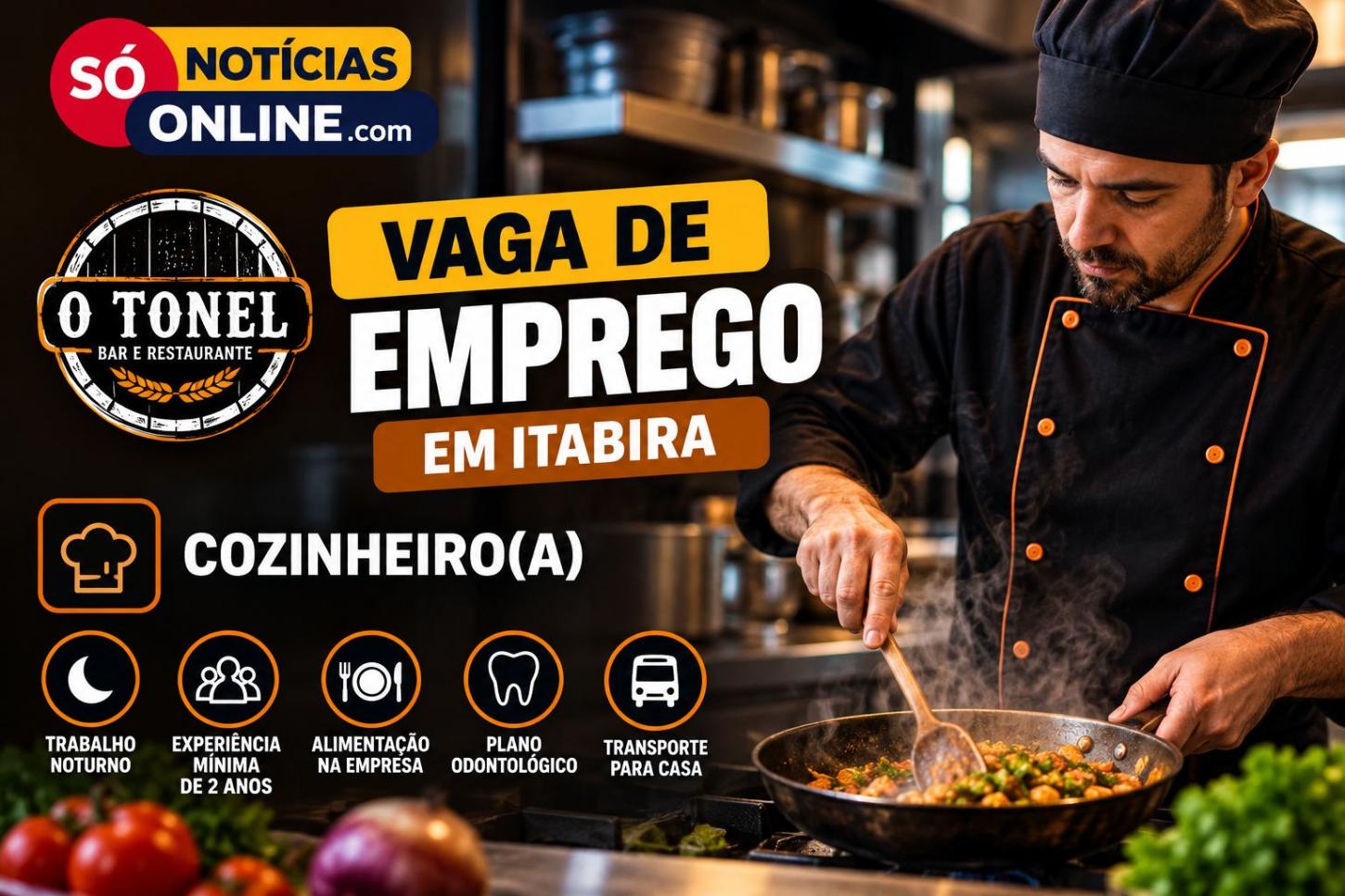O Tonel Bar e Restaurante abre vaga de emprego para cozinheiro em Itabira