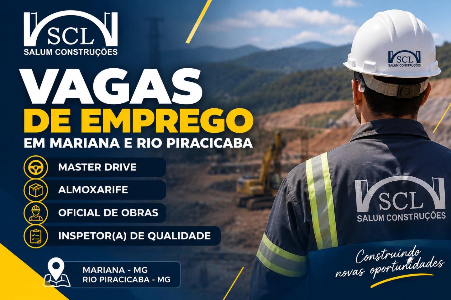 Salum Construções abre vagas de emprego em Mariana e Rio Piracicaba