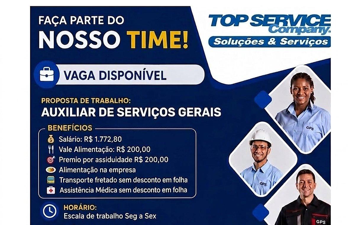 Top Service abre vagas em Nova Lima e Itabirito com salário e benefícios
