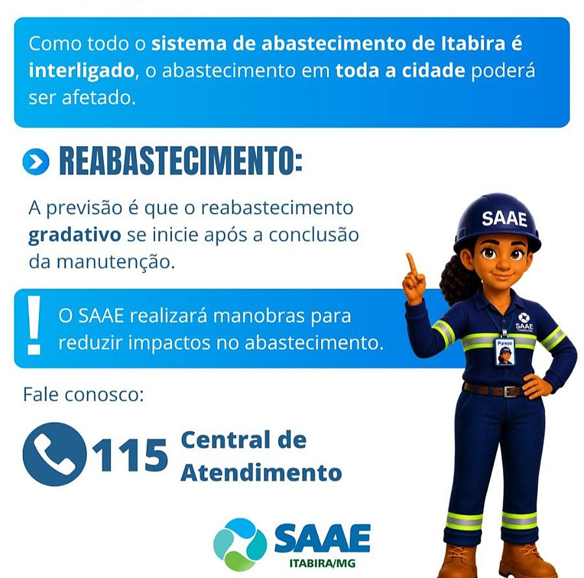 Abastecimento de água em Itabira pode ser afetado nesta quarta (14); veja orientações do Saae 