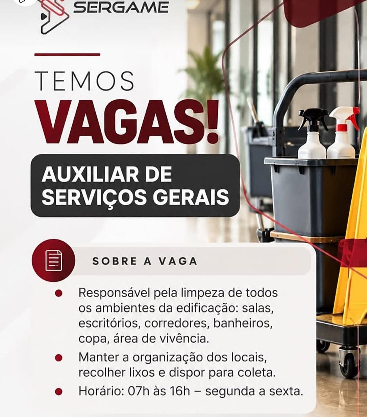 Itabira: Sergame abre vaga de auxiliar de serviços gerais com horário de segunda a sexta; veja como se candidatar