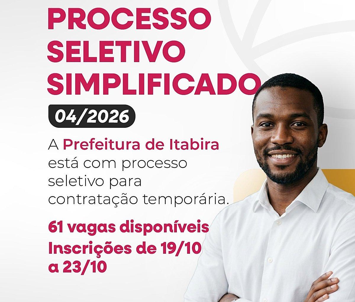 Prefeitura de Itabira abre processo seletivo com 61 vagas temporárias; veja como se inscrever