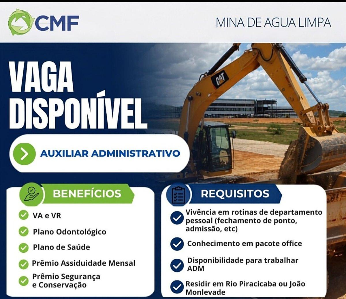 Rio Piracicaba: CMF abre vaga de auxiliar administrativo na Mina de Água Limpa com plano de saúde