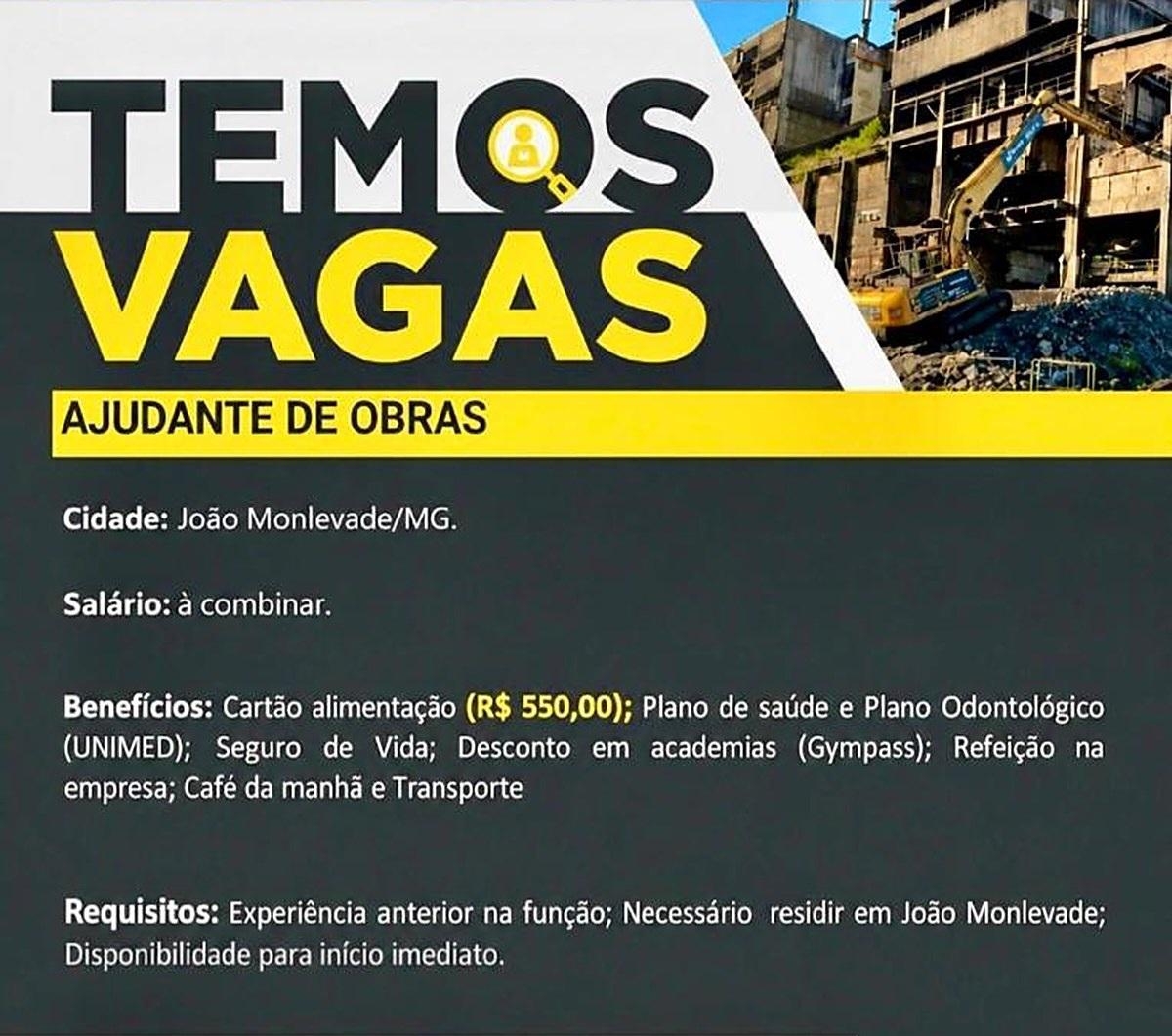 Vagas de emprego em João Monlevade: Solum contrata ajudante de obras com plano de saúde
