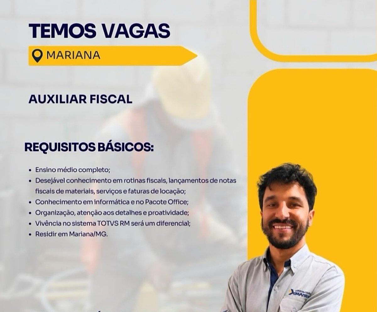 Vagas de emprego em Mariana: Construtora Dinâmica contrata auxiliar fiscal 
