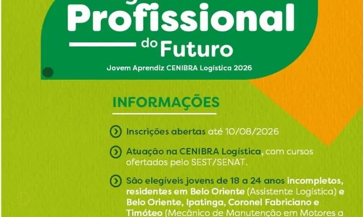 Cenibra abre inscrições para Jovem Aprendiz com vagas de logística e mecânica
