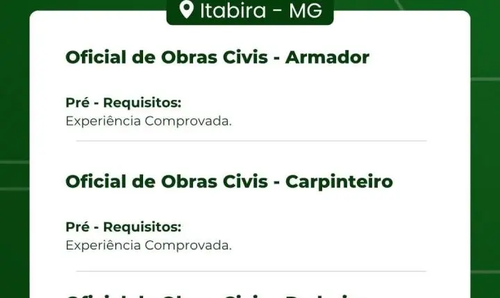 Construtora Vale Verde abre novas vagas de emprego em Itabira