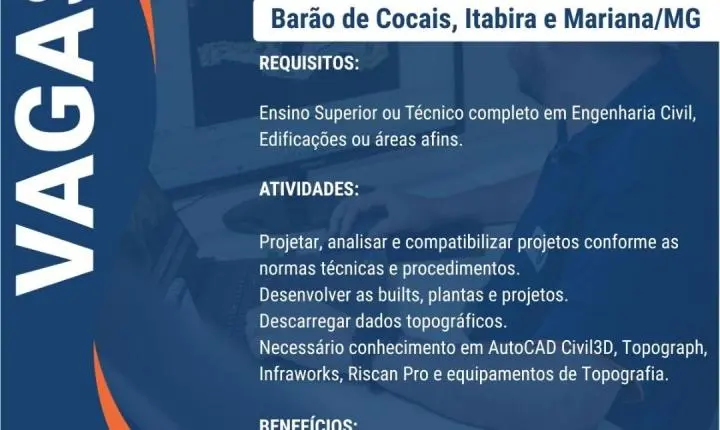 ERG Engenharia abre 9 vagas de emprego em Barão de Cocais e em outras de Minas Gerais; veja como se candidatar