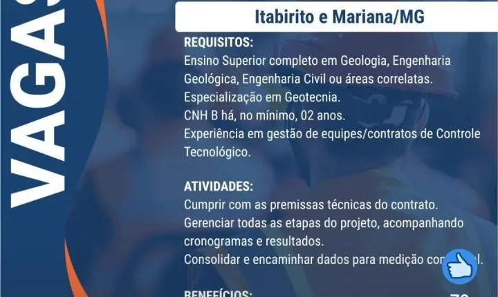 ERG abre vagas para nove funções em Itabira e outras cidades de MG