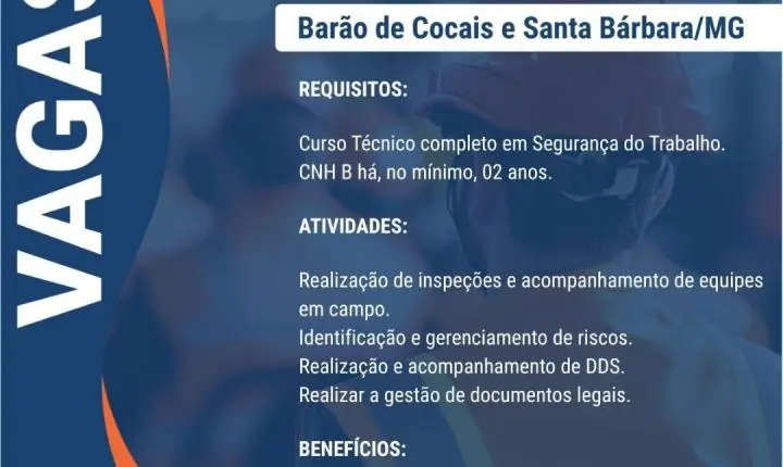 ERG Engenharia abre vagas de emprego em quatro cidades de Minas Gerais
