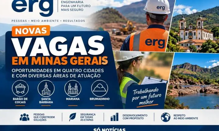 ERG Engenharia abre vagas de emprego em quatro cidades de Minas Gerais
