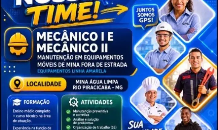 Grupo GPS abre vagas de emprego para mecânico de equipamentos de mina em Rio Piracicaba