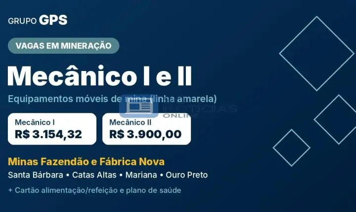 Grupo GPS contrata mecânico para minas em Santa Bárbara e Mariana com salário de até R$ 3,9 mil