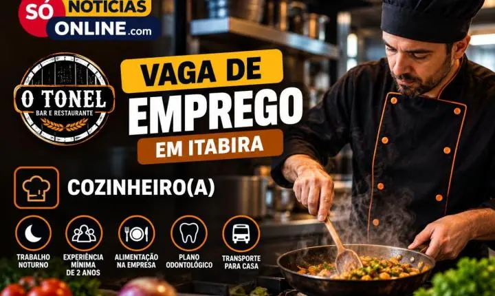 O Tonel Bar e Restaurante abre vaga de emprego para cozinheiro em Itabira