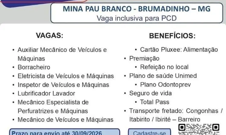 SEMEP abre vagas para 46 funções na Mina Pau Branco, em Brumadinho