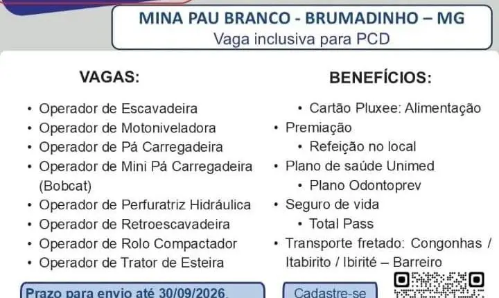 SEMEP abre vagas para 46 funções na Mina Pau Branco, em Brumadinho
