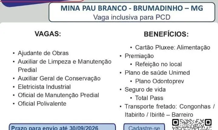 SEMEP abre vagas para 46 funções na Mina Pau Branco, em Brumadinho