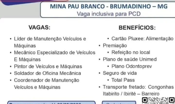 SEMEP abre vagas para 46 funções na Mina Pau Branco, em Brumadinho