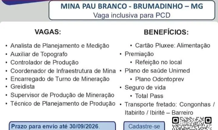 SEMEP abre vagas para 46 funções na Mina Pau Branco, em Brumadinho